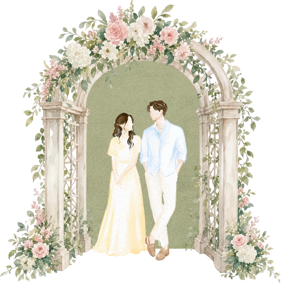 Watercolour illustration of the couple standing beneath a flower-covered garden arch: the bride in a butter-yellow gown, the groom in a sky-blue shirt and cream trousers